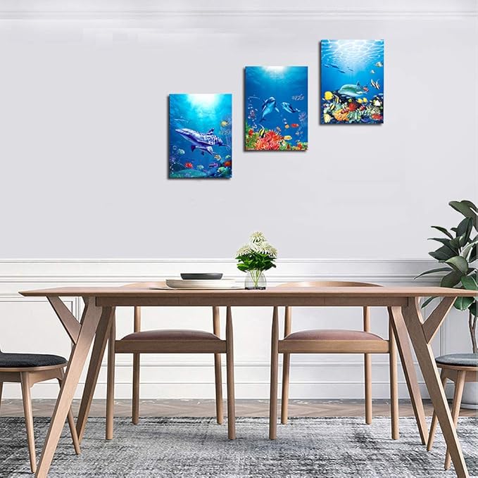 blue ocean fish 3 Pieces Framed Wall Art for Living Room Bathroom Wall Decoration Canvas Print Children's Bedroom Wall decor Office Kitchen Home Decoration Underwater World Watercolor Painting-PawvioPets