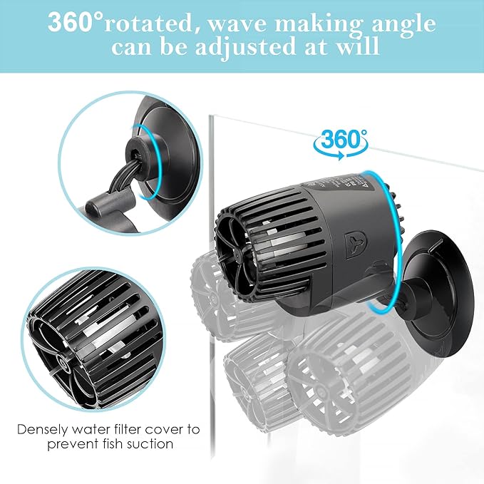 AQQA Aquarium Wave Maker,3W/5W/10W/15W Suction Cup Fish Tank Single Powerhead Pump，110V/60Hz Ultra Quiet Submersible Circulation Pump,360°Adjustable For Freshwater Saltwater Black-PawvioPets