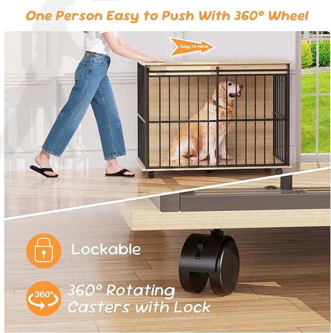 43.7" Dog Crate Furniture, XL Dog Crate Dog Kennel Indoor with Wheels for Large Medium Small Dogs, Wooden Dog Kennel End Table with Sliding Door Wooden Furniture Crates for Living Room, Bedroom-PawvioPets