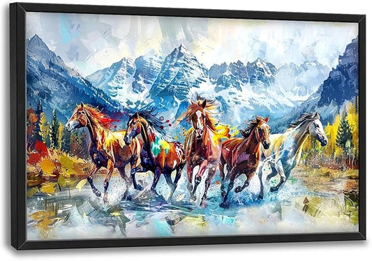 Horse Large Wall Art Running Horses Pictures Colorful Horse Mountain Landscape Wall Decor Wild Animal Nature Canvas Print Painting Artwork for Bathroom Living Room Bedroom 36L" x 24W"-PawvioPets