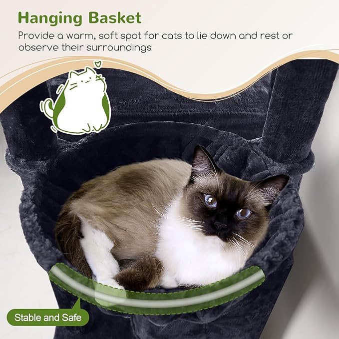 Globlazer Cat Tree Tower, 76-Inch Extra Tall Multi-Level Cat Furniture with Cozy Condos, Hammock and Perches for Adult Cats, Perfect for Climbing, Scratching, and Play, F76, Dark Grey-PawvioPets