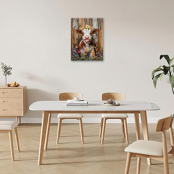 Funny Cow Bathroom Pictures Wall Art, Rustic Brown Cute Cow Bathroom Wall Decor, Farmhouse Floral Framed Painting Animal Flower Canvas Artwork for Bedroom Living Room Decorations 20"L x 16"W-PawvioPets