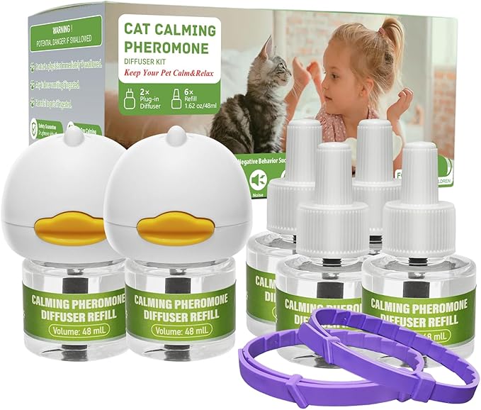 2 Diffusers& 6 Refills +2pcs Calming Collar Cat Calming Diffuser, Plug in Diffuser Cat Pheromone Calming Diffuser Starter Kit Helps Ruduce Anxious, Anti-Stress & Comforts Cats-PawvioPets