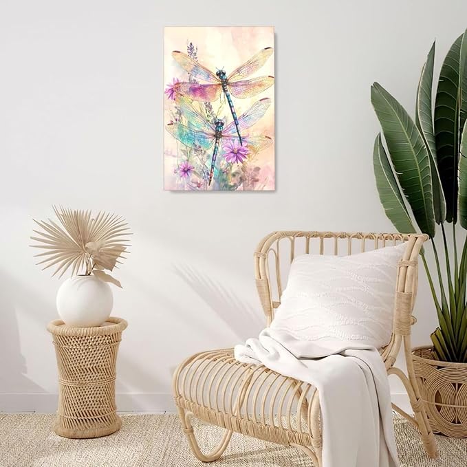 Dragonfly Bathroom Pictures Wall Art, Floral Bathroom Wall Decor, Framed Painting Canvas Artwork for Bedroom Living Room Decorations 24"L x 16"W-PawvioPets