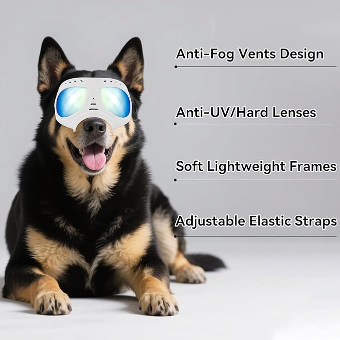 Dog Goggles for Medium-Large Breeds Windproof Anti-UV Pet Sunglasses with Adjustable Straps for Large Dog - White-PawvioPets