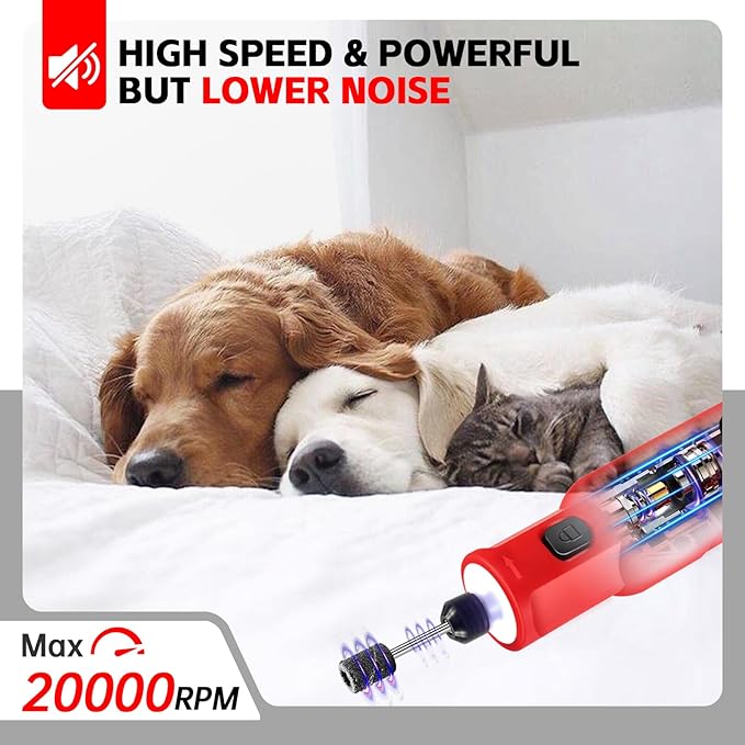Dog Nail Grinder - Upgraded Pet Nail Grinder, Electric 5 Speeds LED Lights Ring Rechargeable Dog Nail Trimmers Kit, 40 Accessories Cordless Pet Nail Grinder for Dogs Cats and Small/Medium Animals Red-PawvioPets
