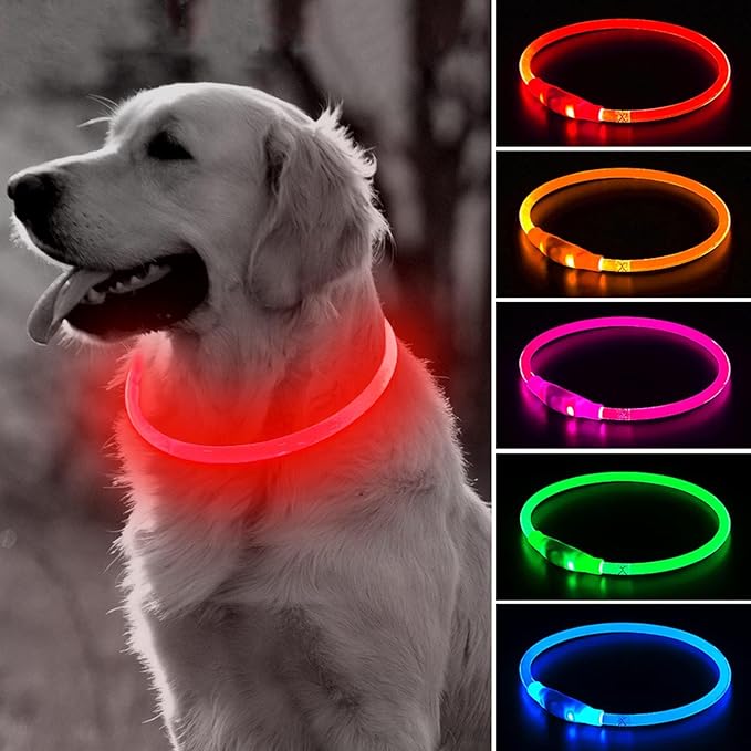 BSEEN Light Up Dog Collar - Rechargeable LED Dog Collar - 360° Glow in The Dark Pet Collar for Small Medium Large Dogs, TPU Cuttable Puppy Collar Safety Dog Lights for Night Walking (Red 70cm)-PawvioPets