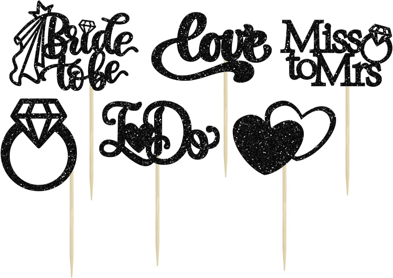 Gyufise 24Pcs Bride to Be Cupcake Toppers Black Glitter I Do Love Heart Ring Miss To Mrs Cupcake Picks Bridal Shower Cake Decorations for Wedding Engagement Bachelorette Party Supplies