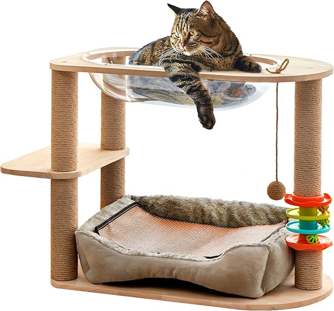 2 Tier Cat Tower,21.85 in cat Perch Wood cat condo with Hammock and Sisal Rope Scratcher Post Hanging Toy Balls for Indoor Large Cats Kittens (Grey)-PawvioPets