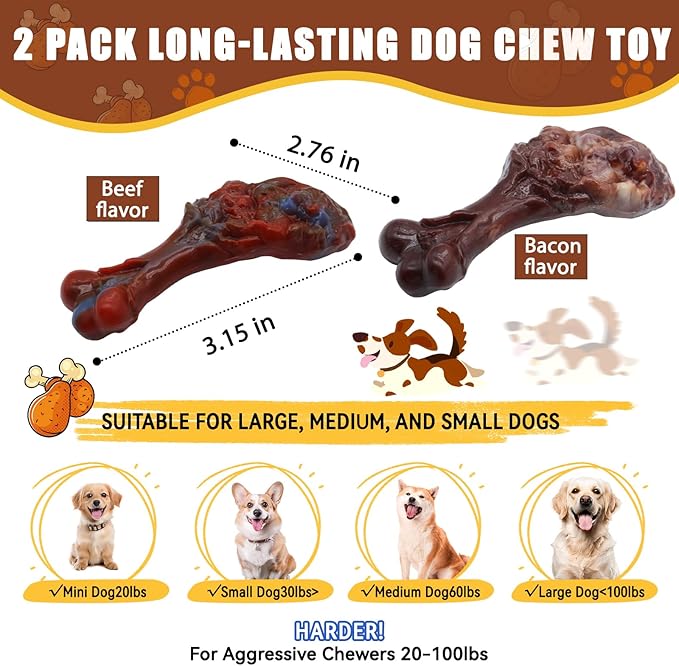Dog Chew Toys for Aggressive Chewers, Indestructible Dog Toy for for Medium/Large Breed, Tough Nylon Teething Bone Toy to Keep Them Busy,Bacon and Real Beef Flavor (Beef+Bacon Flavor, 2 Pack)-PawvioPets