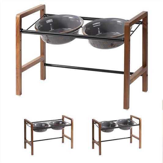 8.7inch Ceramic Adjustable Raised Double Bowls Set with Stand, 3 Heights Elevated, 2 Placement Options,Food and Water Dishes for Large Dog(Double Bowls+Stand, Reactived Glaze -Grey)-PawvioPets