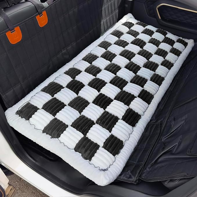 Dog Car Seat Cover for Back Seat, Plaid Backseat Pet Bed Mat, Non-Slip Travel Dog Bed for Backseat Extenders, 24.8" x 54", Black and White-PawvioPets