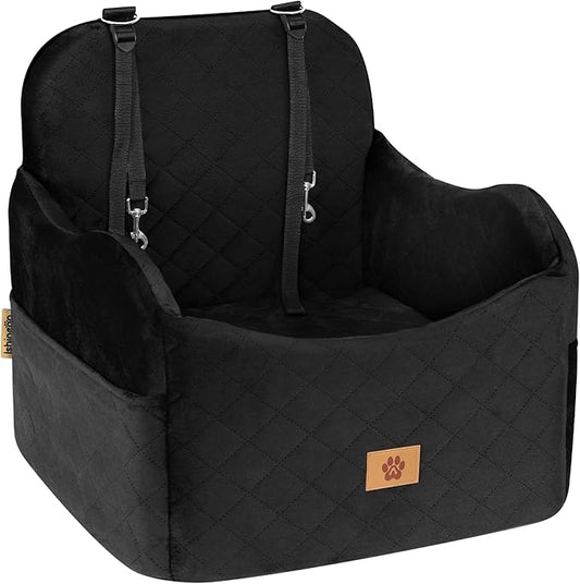 Car Seat Booster for Dog: High-Support Memory Foam Pet Car Seat for Small/Medium Dogs Under 35lbs with Elevated Cushion - Detachable Washable Puppy Travel Bed for Driving with Pockets (Black)-PawvioPets
