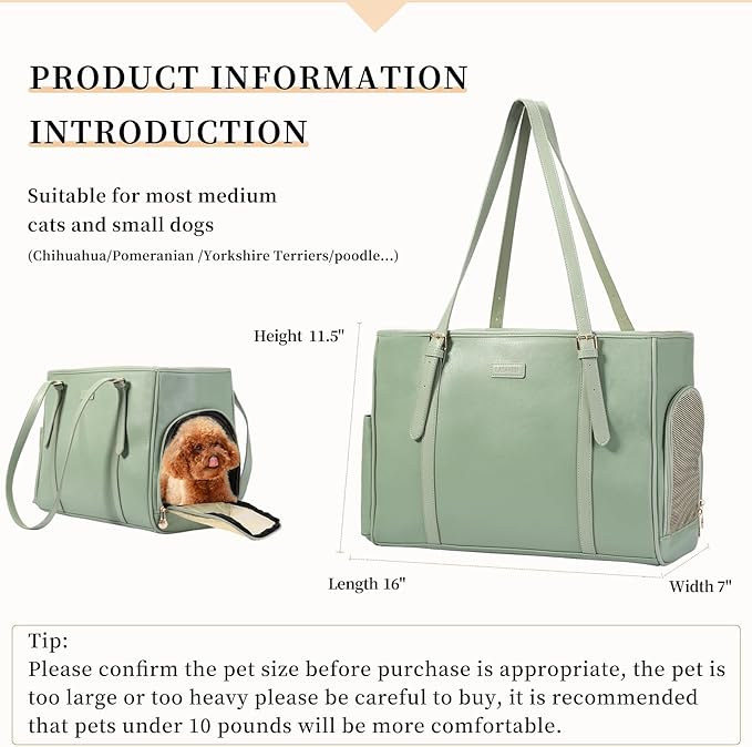 Fashion Dog Purse Pet Carrier Leather Bag for Small Dogs Cats Puppy, Portable Tote Bag Airline Approved Soft-Sided Carriers (Green)-PawvioPets