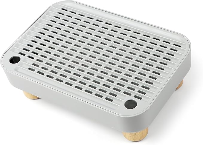 Cat Litter Box Step Ramp, Cat Litter Catcher Mat with Wooden Feet, Filter Function, Cat Pedal Stool for Self-Cleaning Cat Litter Box, Ideal for Kitten & Elderly Cats (Light Grey)-PawvioPets