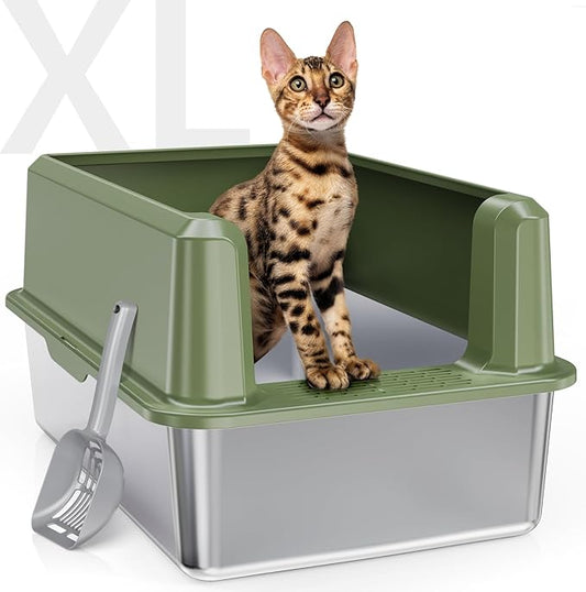 Enclosed Stainless Steel Cat Litter Box with Lid, XL Extra Large Litter Box for Big Cats, Metal Litter Pan High Sided, Never Absorbs Odors, Anti-Urine Leakage, Include Scoop (Green)-PawvioPets