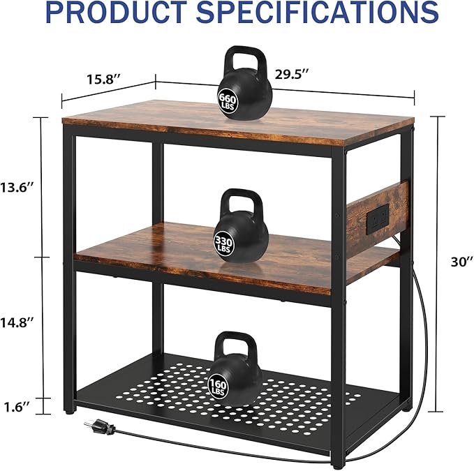 20-29 Gallon Fish Tank Stand With Power Outlets, 3-Tier Metal Aquarium Stands, Breeder Reptile Tank Stand with Shelf for Home Office, 660LBS Capacity, 29.5 x 15.8 x 30.1 inches, Brown-PawvioPets