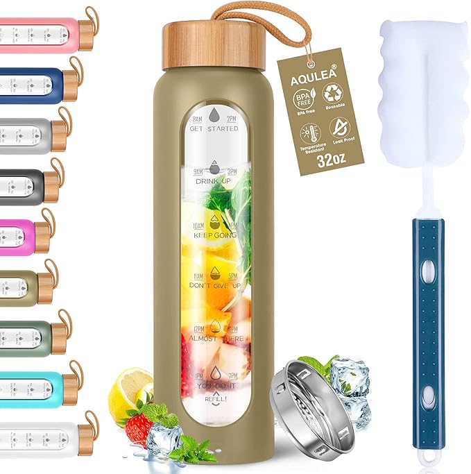 Aqulea Glass Water Bottles with Silicone Sleeve - BPA Free Reusable Wide Mouth Glass Motivational Water Bottles with Fruit Infuser – Leak Proof Borosilicate Water Bottle with Time Marker-PawvioPets