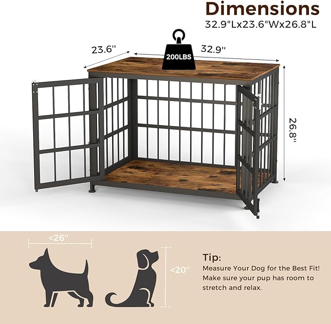 32 Inch Heavy Duty Wooden Dog Kennel End Table with Double Door Design and Secure Locks, Indoor Pet Crate Furniture for Medium Dogs, Decorative Home Cage Design,Aged Black-PawvioPets
