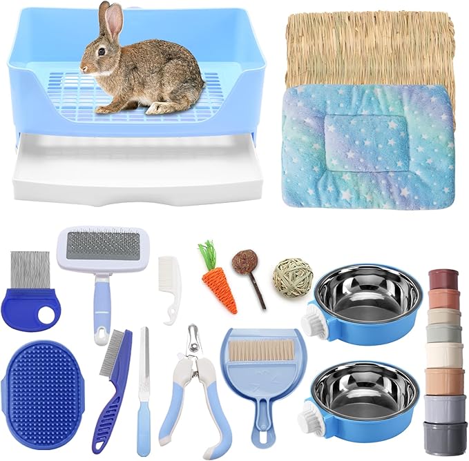 25 Pcs Large Rabbit Starter Kit, Bunny Litter Box with Drawer Animal Grooming Kit Stacking Cups Bowl Blankets Mat with Cleaning Set for Adult Guinea Pig, Ferret, Hamster, Bunnies Accessories (Blue)-PawvioPets