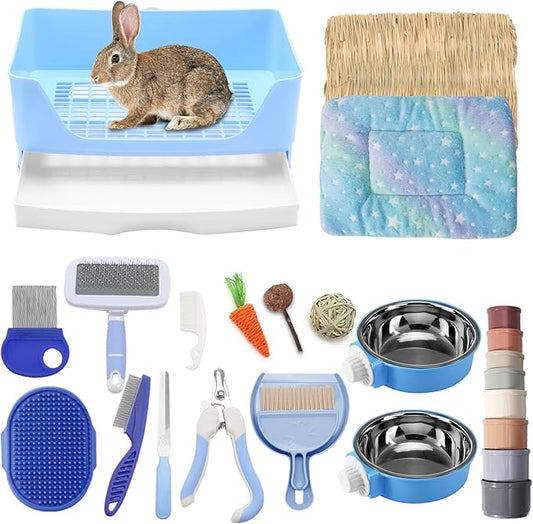 25 Pcs Large Rabbit Starter Kit, Bunny Litter Box with Drawer Animal Grooming Kit Stacking Cups Bowl Blankets Mat with Cleaning Set for Adult Guinea Pig, Ferret, Hamster, Bunnies Accessories (Blue)-PawvioPets