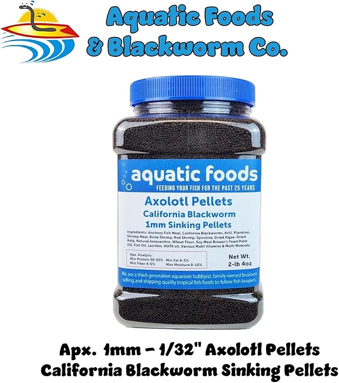 Aquatic Foods Inc. Axolotl Blackworm Pellets. 1mm-1/32 Sinking California Blackworm Micro Pellets for Baby Axolotl, Frogs, Shrimp, Salamanders, Newts, Snails…2-lbs 4oz Jar-PawvioPets