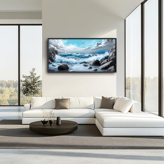 Extra Large Framed Abstract Sea Ocean Wall Art,Black and White Wall Decor, Coastal Seashore Pictures for Living Room,Canvas Print Painting Modern Artwork Bedroom Office Bathroom 60L x 30W-PawvioPets