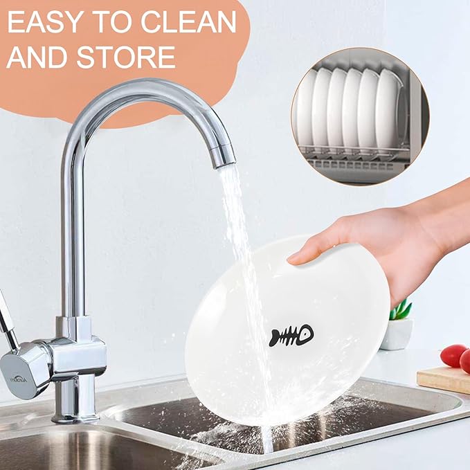 6 Pack Cat Food Bowl, Ceramic Cat Bowls, Anti Whisker Fatigue Cats Bowl Set,5.5 Inches Shallow Wide Kitten Plates for Food and Water (Fishbone Style)-PawvioPets