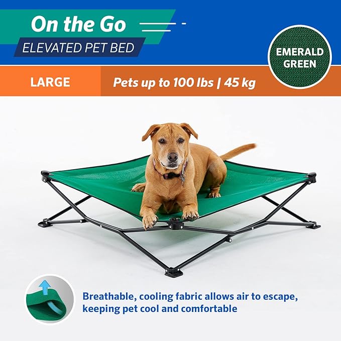 Coolaroo On-The-Go Elevated Dog Bed - Foldable Pop-Up Travel Dog Bed with Breathable, Moisture-Resistant Fabric, Carry Bag Included, Lightweight & Portable, Emerald Green, Large-PawvioPets