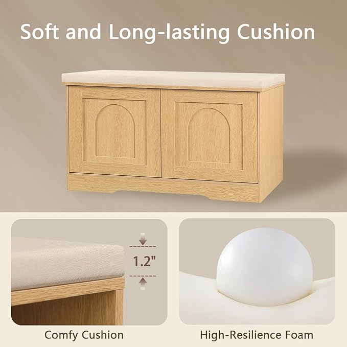 DINZI LVJ Shoe Bench, Entryway Storage Bench with Doors, Cushion, 2-Tier Shoe Rack with 6-Cubby, 31.5”L x 13.8”W Shoe Organizer Cabinet, Adjustable Shelf, Living Room, Bedroom, Natural-PawvioPets