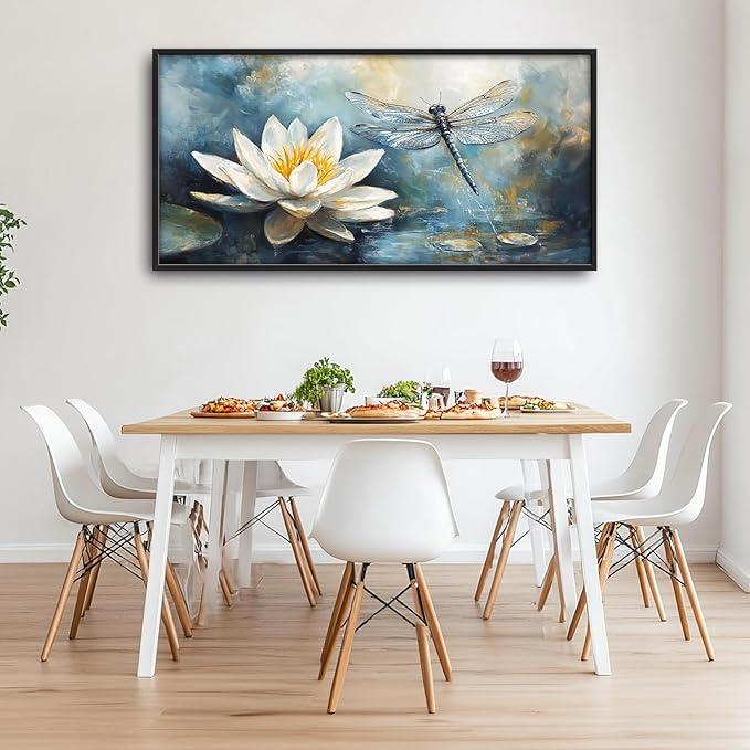 Extra Large Lotus Dragonfly Framed Wall Art for Living Room,Abstract Blue Lotus Flower Lake Pictures Wall Decor,Nature Canvas Print Painting Modern Artwork Bedroom Office Bathroom 60L" x 30W"-PawvioPets
