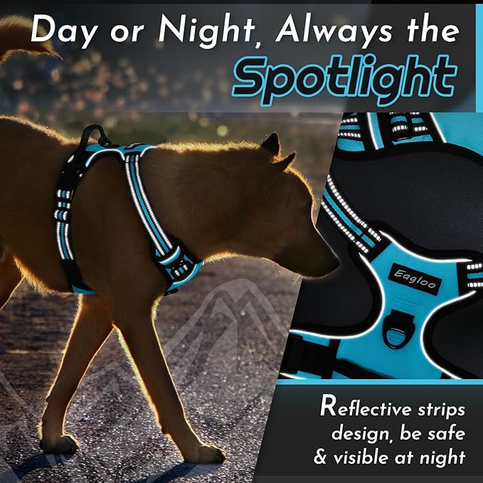 Eagloo Dog Harness for Large Dogs, No Pull Service Vest with Reflective Strips and Control Handle, Adjustable and Comfortable for Easy Walking, No Choke Pet Harness with 2 Metal Rings, Sky Blue, L-PawvioPets