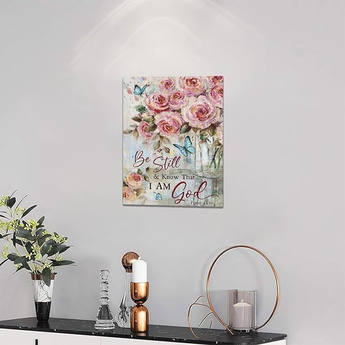 Farmhouse Rose Wall Art Christian Scripture Pictures Pink Rose Wall Decor Rustic Floral Butterfly Canvas Print Painting Artwork for Bathroom Living Room Bedroom 12"x16"-PawvioPets