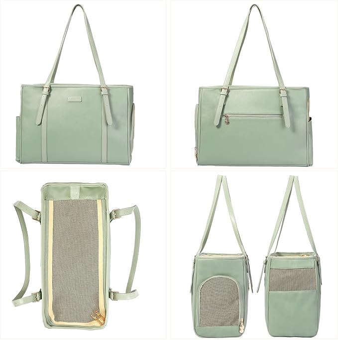 Fashion Dog Purse Pet Carrier Leather Bag for Small Dogs Cats Puppy, Portable Tote Bag Airline Approved Soft-Sided Carriers (Green)-PawvioPets