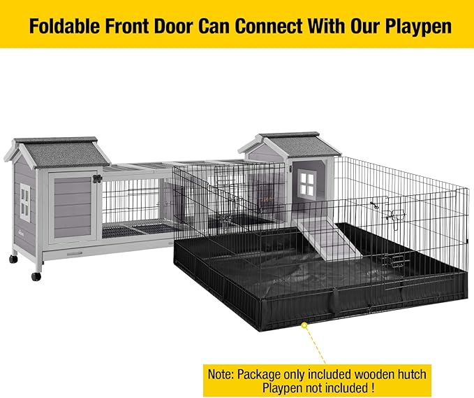 Aivituvin Rabbit Hutch Bunny Cage with Double House and Run Indoor Outdoor Guinea Pig House with Deeper No Leak Trays and Wheels-PawvioPets