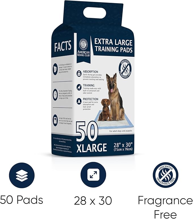 American Kennel Club Puppy Training Pads with Ultra Absorbent Quick Dry Gel – 28 x 30 Pee Pads for Dogs - 50 Count , XL(Unscented)-PawvioPets