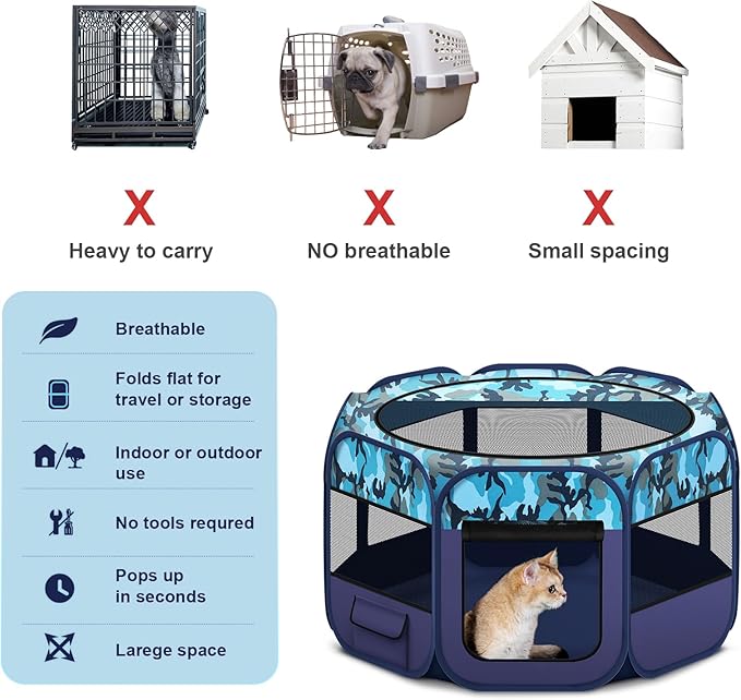 Dog Playpen, Pet Playpen, Portable Cat Playpen, Pop Up Foldable Puppy Playpen Exercise Kennel Tent with Carry Case Collapsible Bowl,Water-Resistant Shade Cover for Indoor Outdoor Travel (Extra Large)-PawvioPets