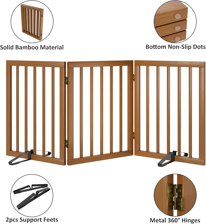 Freestanding Pet Gate Foldable Dog Gate (55 inches Wide) Walnut Bamboo Dog Gates for Stairs Doorways House (2 Support Feet Included)-PawvioPets
