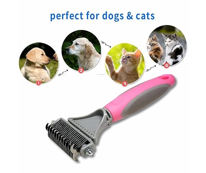 3-in 1 Dog & Cat Grooming Supplies- Self-cleaning Slicker Brush, Deshedding Rake Comb, And Finger Toothbrush For Dogs & Cats | Perfect For Pet Grooming Kit, Dematting And Dental Tool (pink)-PawvioPets