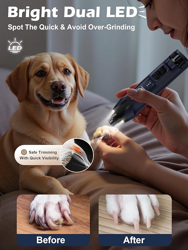 Casfuy 6-Speed Dog Nail Grinder – 50%+ Boost Power Dog Nail Trimmers Quiet with Dust Cap & 2 LED Lights & 2000mAh Battery & 4.8V Motor Electric Pet Toenail File Tool for Large Medium Small Dogs Cats-PawvioPets