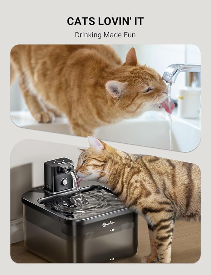 DownyPaws Battery Operated Cat Water Fountain, 84oz/2.5L Fursink Wireless Cat Waterer Fountain with Motion Sensor, BPA-Free, Black with 6 Filters-PawvioPets