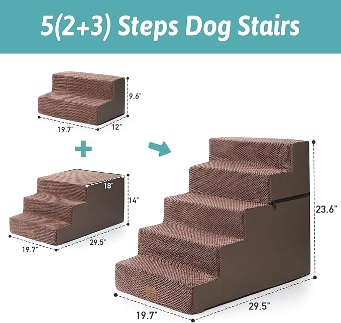Dog Stairs for Small Dogs, 5 Tier Removable Wider Pet Stairs for Couch and Bed, 23.6" H Non-Slip Dog Steps for Puppies and Old Cats with Support Board, 29.5x19.7x23.6 inch, Brown-PawvioPets