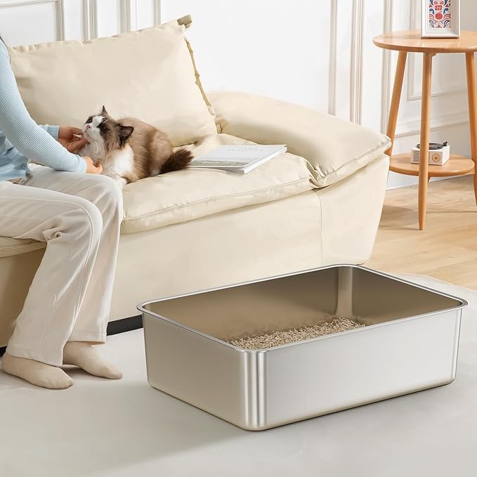 2 Pack Cat Pan Giant 28" Extra Large Stainless Steel Cat Litter Pan Metal Cat Litterbox for Big Cats and Multiple Cats, Anti-Leakage, Easy Cleaning-PawvioPets