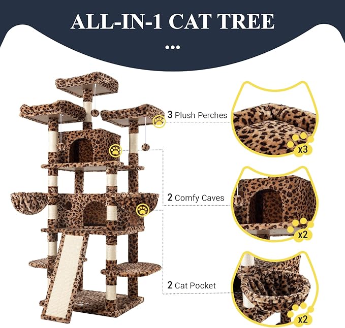 Allewie 68 Inches Cat Tree/House and Towers for Big Feline/Scratching Post/Multi-Level Large Kitty Climbing Tree with Condo/Leopard Print-PawvioPets
