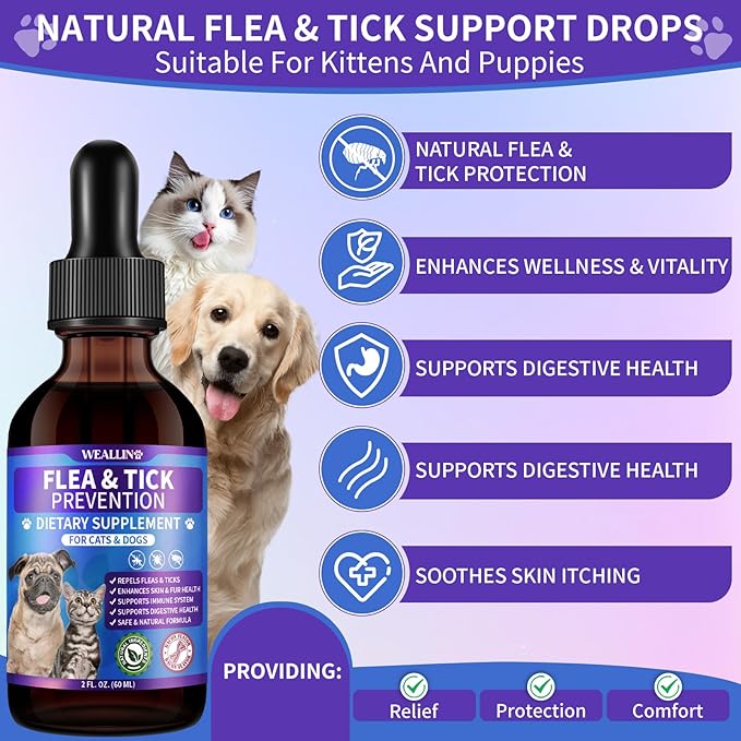 Flea and Tick Prevention Support for Cats and Dogs Natural Flea Treatment Drops with Multivitamin for Pets Oral Natural Supplement Flea and Tick Treatment Drops for All Breeds and Ages-PawvioPets