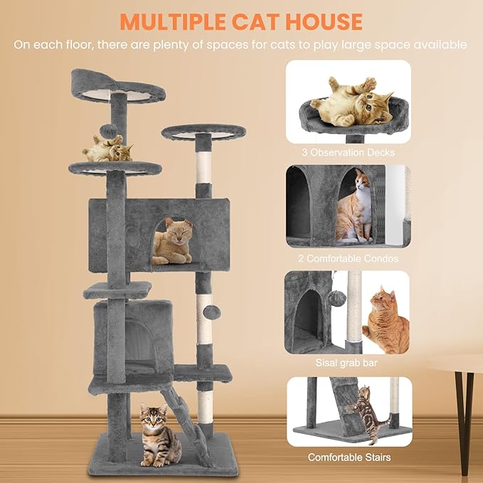 54.7 Inches Cat Tower for Indoor Cats, Multi-Level Cat Condos with Scratching Posts, Hanging Toys, Light Gray-PawvioPets