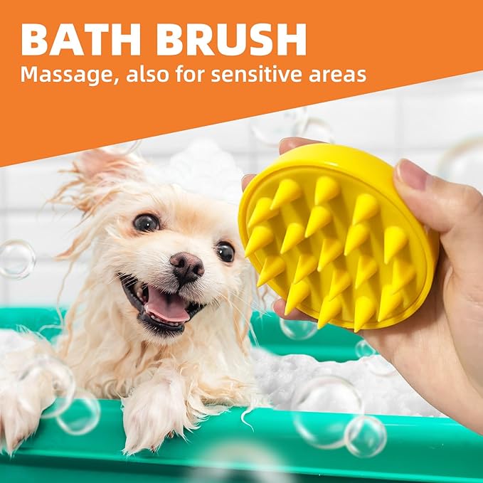 Dog Grooming Brush Set, 7 PCS Self-Cleaning Deshedding Hair Brushes for Short Long Haired Dogs Cats, Includes Scrubber Shower Wash Brush, Dematting Comb, Scissor - Yellow-PawvioPets