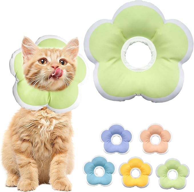 Cat Cone Collar Soft, Waterproof Cats Cones to Stop Licking After Surgery, Adjustable Soft Elizabeth Cats Collars for Wound Healing, Flower Shape Cat Recovery Collar (Green, X-Small)-PawvioPets