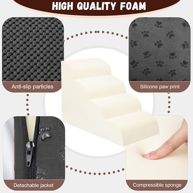 Dog Stairs for Small Dogs - High Density Foam Pet Steps, Extra Wide Dog Ramp with Non-Slip Bottom for High Beds, Couch and Sofa, Best for Dogs Injured, Older Doggy Cats, 4 Steps, Black-PawvioPets