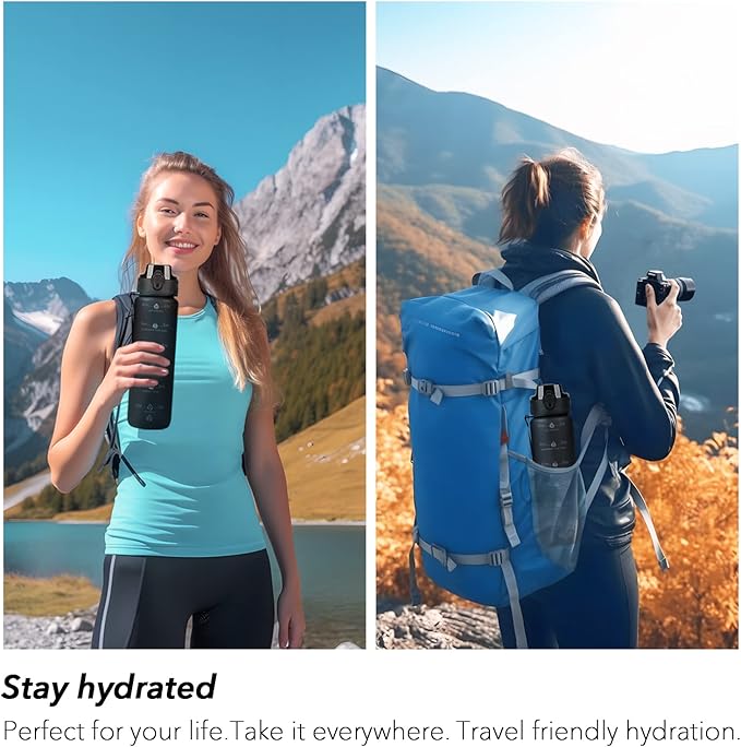 32oz Motivational Water Bottles with Time Marker & Fruit Strainer, Transparent Gradient Color Water Bottle with Times to Drink, Leakproof & BPA Free, Reusable Bottle with Strap (No Straw)-PawvioPets